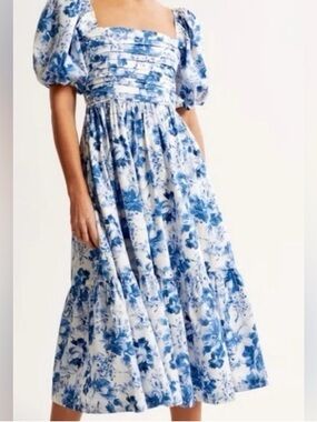 Abercrombie and Fitch Emerson Blue Floral Puff-Sleeve Midi Dress